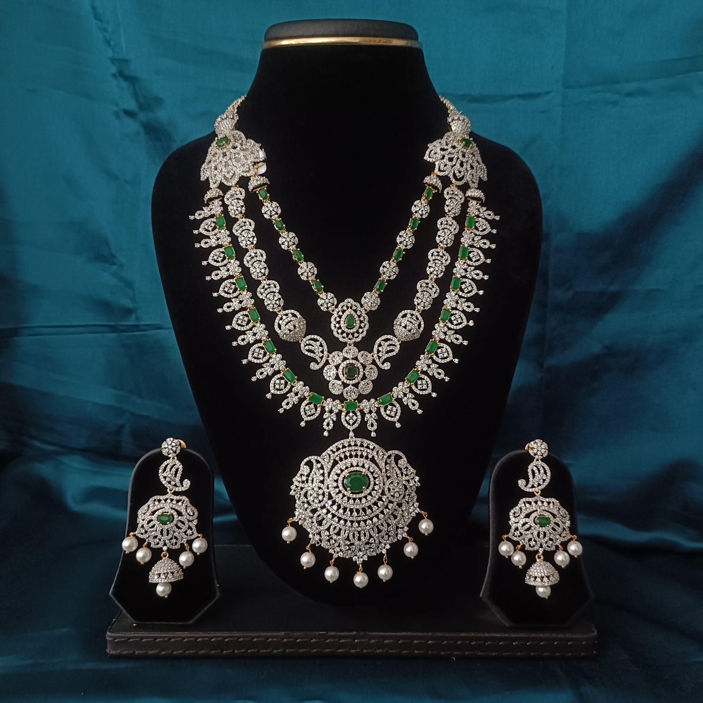 Elegant GJ Bridal Layered Long Necklace In Green Colour Stone