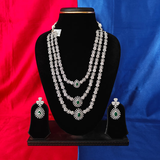 Elegant Silver Layered Long Necklace In Green Stone