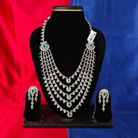 Beautiful Silver Layered Long Necklace In Green Stone