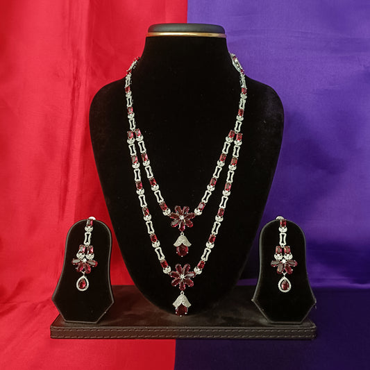 Elegant Silver Layered Long Necklace In Red Stone