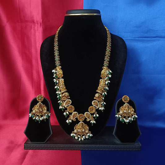 Beautiful Nakshi Long Necklace In Green Beads