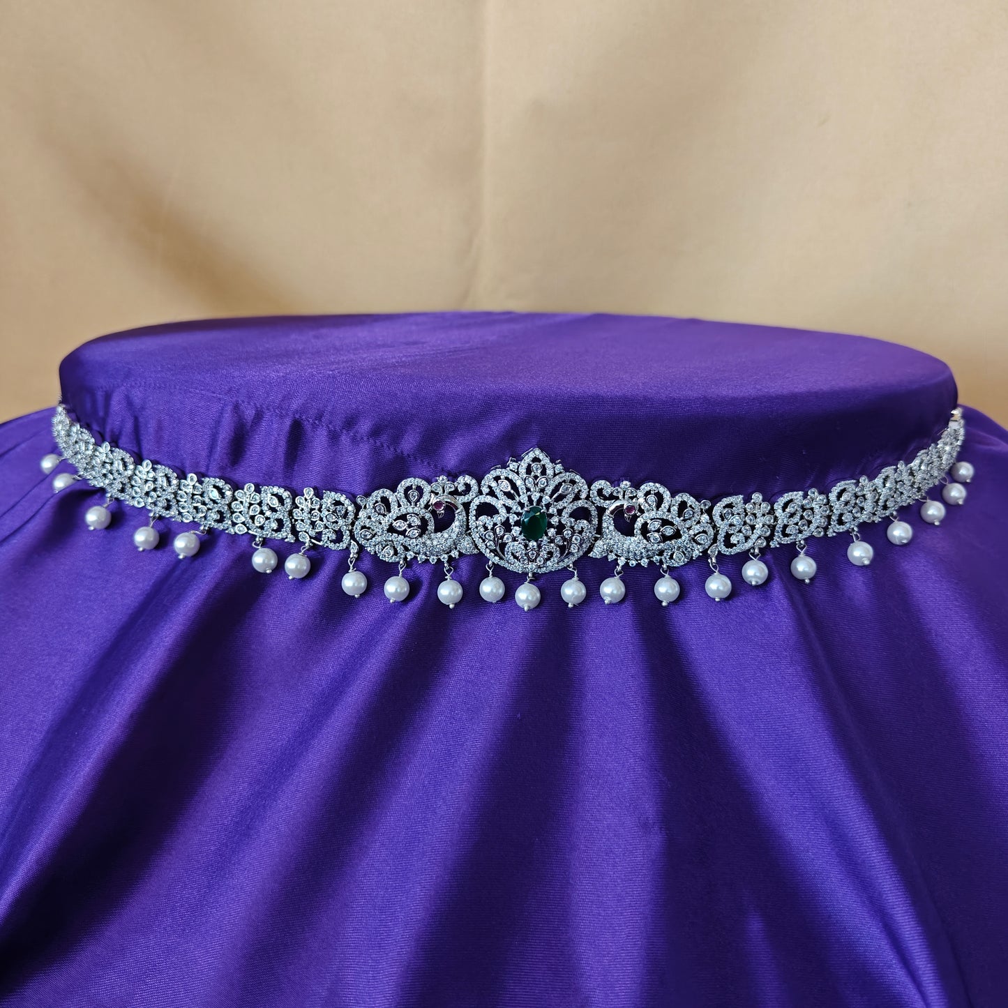 Beautiful Silver Chain Type Vaddanam In Green Stone