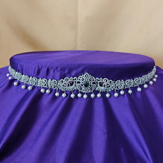 Beautiful Silver Chain Type Vaddanam In Green Stone