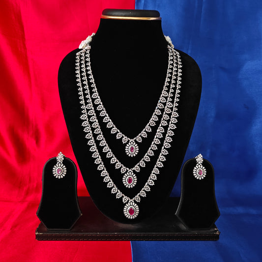 Beautiful Silver Layered Long Necklace In Ruby Stone