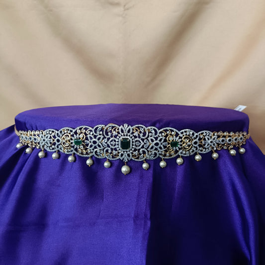 Elegant GJ Chain Type Vaddanam In Green Stone