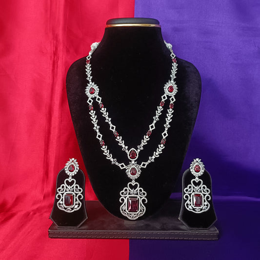 Elegant Silver Layered Long Necklace In Red Stone