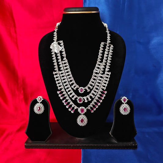 Beautiful Silver Layered Long Necklace In Ruby Stone