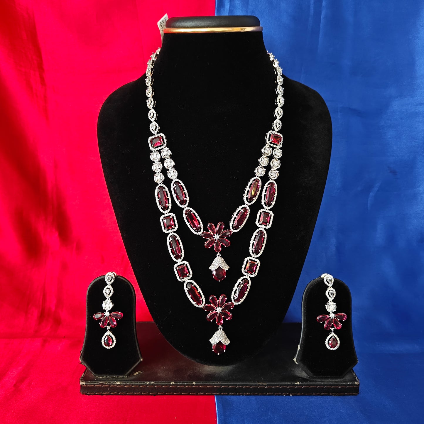Beautiful Silver Layered Long Necklace In Maroon Stone