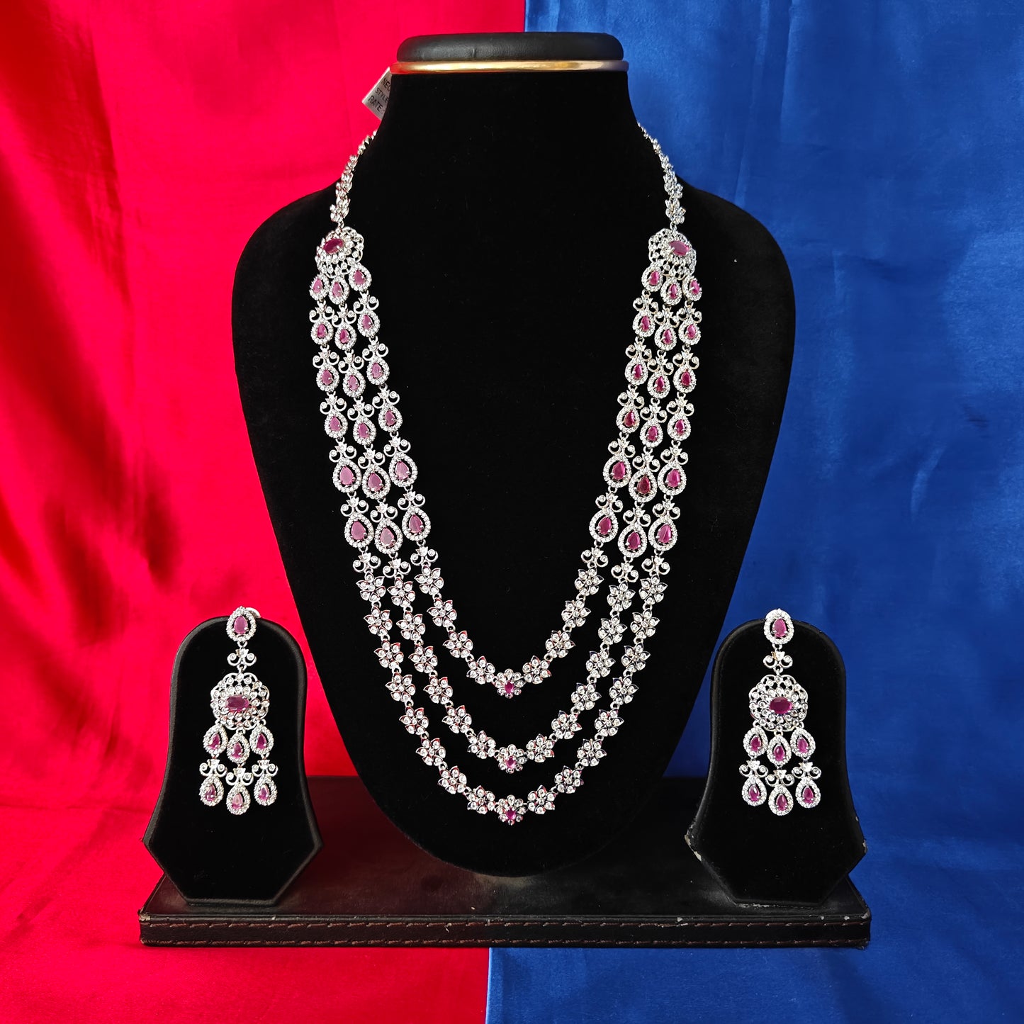 Beautiful Silver Layered Long Necklace In Ruby Stone